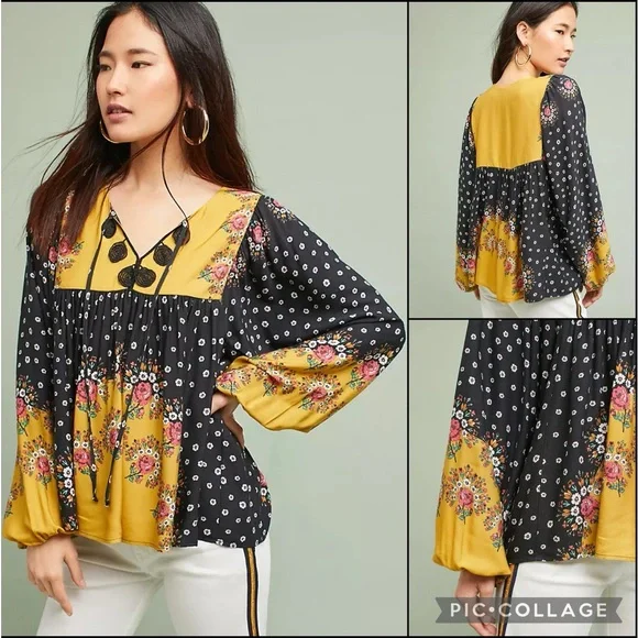 Anthro Farm Rio Floral Polka Dot Tassel Tie Blouse Top - Picture 1 of 16